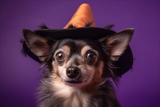 Dog with Halloween witch hat on purple background. KI generiert, generiert AI generated