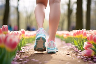 Back view of woman's legs with sport shoes jogging in park with pink tulip spring flowers. KI