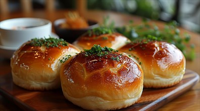 Glossy Japanese bread rolls topped with sesame seeds and parsley on a wooden serving board, ai