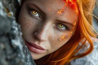 Close-up of a woman with yellow eyes and fire or lava textured facial skin, AI generated, AI