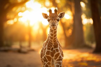 Baby giraffe standing amidst the golden rays of the setting sun, surrounded by nature s beauty, AI