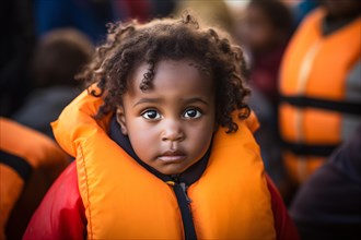 Young sad refugee child with orange life jacket on migrant boat. KI generiert, generiert AI