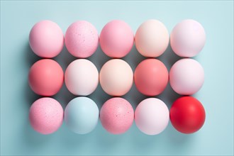 Pastel pink easter eggs on blue background. KI generiert, generiert AI generated