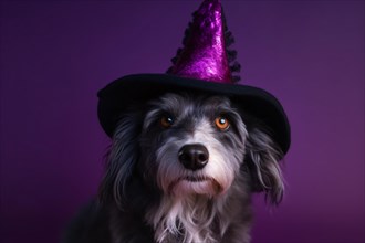 Portrait of dog with witch hat on purple background. KI generiert, generiert AI generated