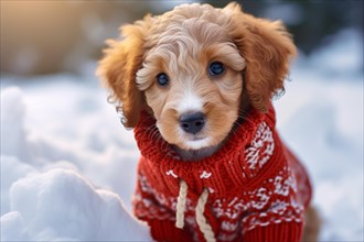 Cute puppy dog with warm red sweater in snow in winter. KI generiert, generiert AI generated