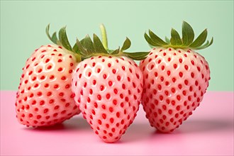White pink Pineberry strawberry variant fruits on green background. KI generiert, generiert AI