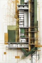 Architectural sketch of a modern building with olive green and gold sections, vertical aspect