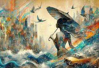Geisha with birds and taxi caught in wave-like motion in cityscape mural with predominant blues,