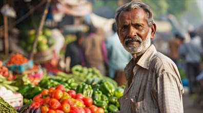 Solemn market vendor with a gray mustache among a variety of fresh vegetables, ai generated, AI