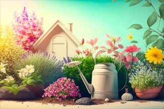 Charming garden shed surrounded by colorful flowers and greenery with gardening tools in the