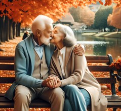 An elderly couple, old lovers sitting hand in hand on a park bench, looking at each other tenderly
