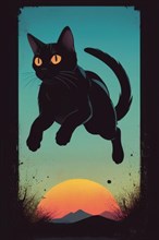 Black cat with a silhouette framed by a full moon in a starry night sky, minimalist vintage design