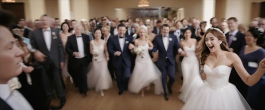 A jubilant moment at a wedding with the couple and guests in a celebratory haze, horizontal wide