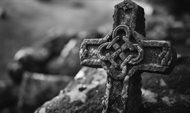 Black and white image of a Celtic cross on a grave in a cemetery, copy space. AI generated