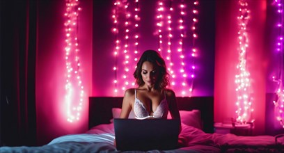 Sexy woman in lingerie with a laptop on the bed broadcasts online, webcam model erotic scene, AI
