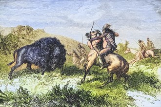 American Indians hunting buffalo. From American Pictures Drawn With Pen And Pencil by Rev Samuel