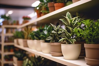 Shelf with different houseplant in plant nursery shop. KI generiert, generiert AI generated