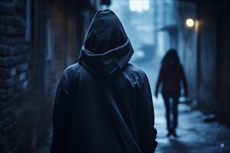 Back view of hooded man walking behind woman in dark street at night. Concept for secual assault.