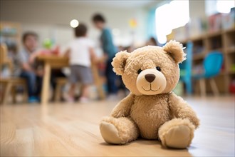 Teddy bear toy in kindergarten oder child day care. KI generiert, generiert AI generated