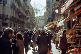 Crowd of people on a shopping street in the center of Barcelona in Spain, AI generated