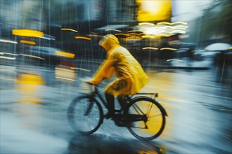 A cyclist captured in motion blur wearing a yellow coat on a wet road in the rain, AI generated, AI