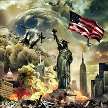 A collage of New York, with the Statue of Liberty, explosions, collapsing skyscrapers US flag and
