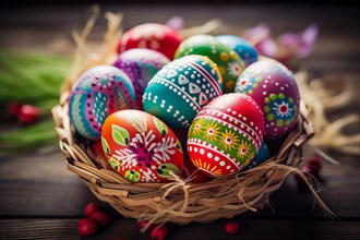 Easter celebration, featuring a collection of brightly colored eggs, each intricately painted with