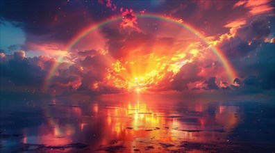 A tranquil seascape with a vibrant rainbow reflected in the ocean against a sunset backdrop, ai