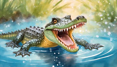 Funny little crocodile, coloured watercolour, watercolours, drawing, painting, AI generated, AI