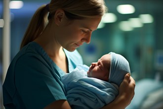Nurse cradling newborn baby at hospital. KI generiert, generiert AI generated