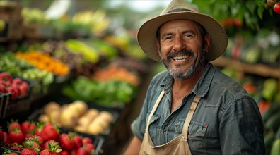 Cheerful man with a hat standing at a produce stand filled with fresh vegetables, ai generated, AI