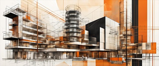 Sketch and orange color overlay of a modern, conceptual urban building design, horizontal aspect
