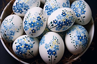 Beautiful white Easter eggs painted with blue flowers in bowl. KI generiert, generiert AI generated