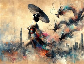 Fantasy artwork featuring asian geisha style sexy woman wearing long tail kimono with an umbrella