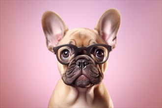 French Bulldog dog with black reading glasses on pink background. KI generiert, generiert AI