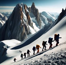 A rope team of mountaineers climbs up a steep snowy slope in the mountains, symbolic image