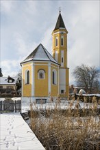 Snow-covered church in winter, St Alban's Church, Diessen, Lake Ammer, Fuenfseenland,