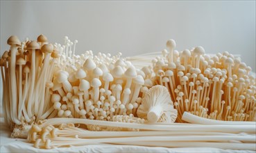 Close up of Shimeji mushrooms on white background. Shimeji is a kind of edible mushroom, AI