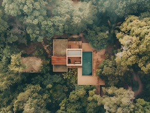 Aerial shot of a secluded house with a swimming pool surrounded by dense greenery, Playa del Carmen