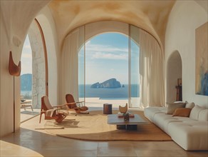 Interior of a house overlooking the Mediterranean Sea in the Balearic Islands in Spain, AI