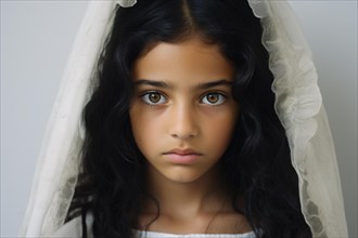 Sad face of young teenage girl with black hair and wedding veil. KI generiert, generiert AI