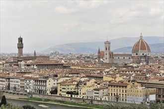 City panorama with Santa Maria del Fiore Cathedral, view from Monte alle Croci, Florence, Tuscany,