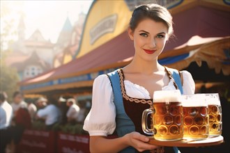 Waitress in traditional Dirndl dress with beer mugs at German Oktoberfest celebration. KI