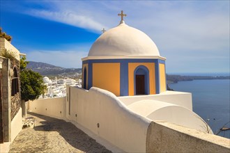Sea view and Dome of Catholic Church of Saint Stylianos, Fira, Santorini, Greece, Europe