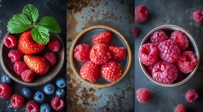 Assortment of fresh berries in rustic bowls on a dark background, ai generated, AI generated