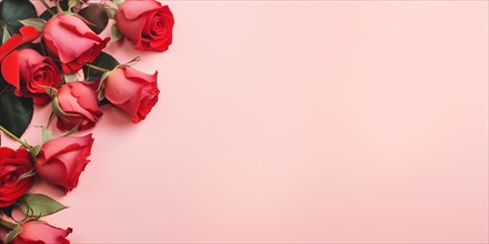 Red roses on sode of pink background with copy space. KI generiert, generiert AI generated