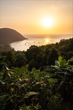 View from a mountain onto a secluded bay with a sandy beach and mangrove forest. The sun sets over