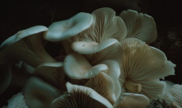 Oyster mushrooms on a dark background. Selective focus. AI generated