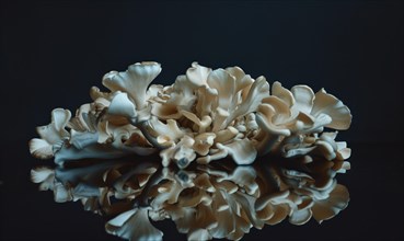 Oyster mushrooms on a black background. Shallow depth of field. AI generated