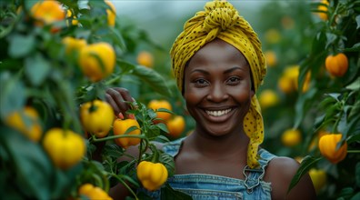 Radiant woman with a vibrant smile amidst yellow bell pepper plants in a greenhouse, ai generated,